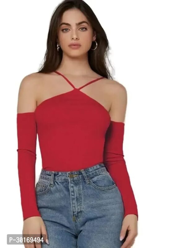 STYLISH WOMEN T-SHIRT HALTER OFF SHOULDER RIBKNIT TEE T-SHIRT(RED)