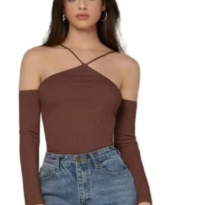 STYLISH WOMEN T-SHIRT HALTER OFF SHOULDER RIBKNIT TEE T-SHIRT (BROWN)