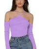 STYLISH WOMEN T-SHIRT HALTER OFF SHOULDER RIBKNIT TEE T-SHIRT (PURPLE)