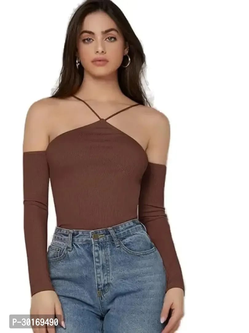 A women standing and wearing a brown color top. classyfad best t shirt store.