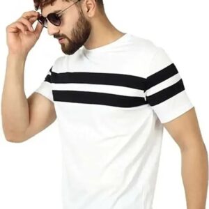 Versatile White Polyester Blend Striped Round Neck Tees for Men