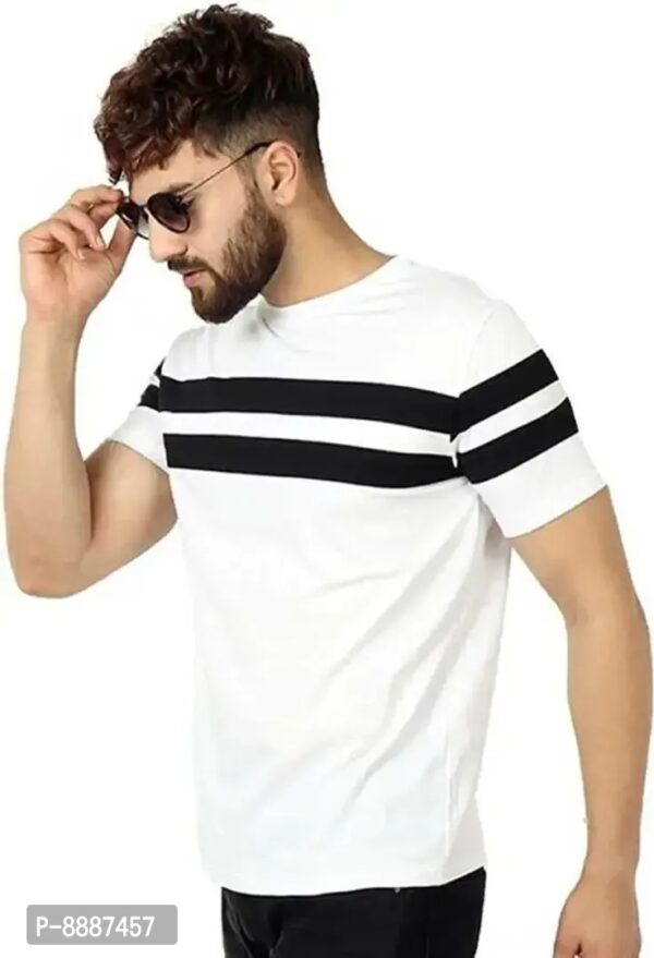 Versatile White Polyester Blend Striped Round Neck Tees for Men