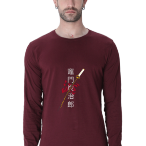 Men's Full-Sleeve Tanjiro T-Shirt with Japanese Typography and Katana Design