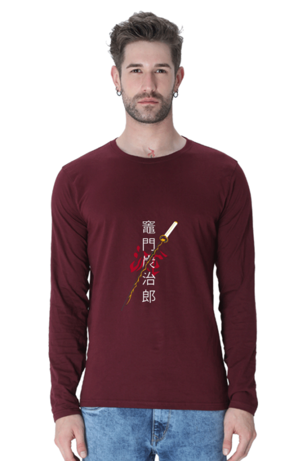 Men's Full-Sleeve Tanjiro T-Shirt with Japanese Typography and Katana Design