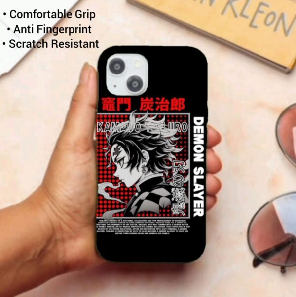 a hand holding iphone 15 back cover with demon slayer anime design