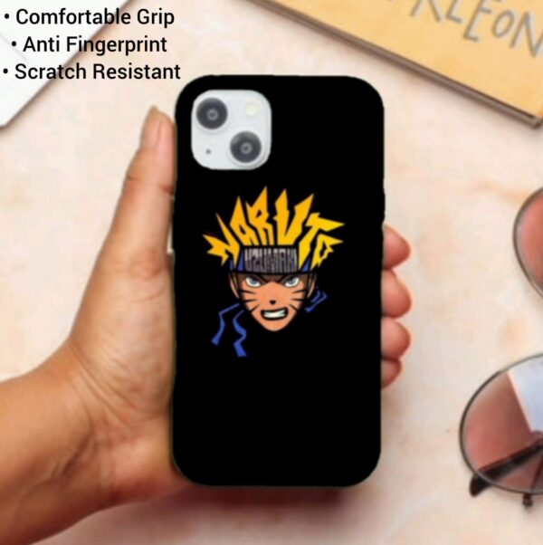 a hand holding iphone 15 back cover of naruto anime design