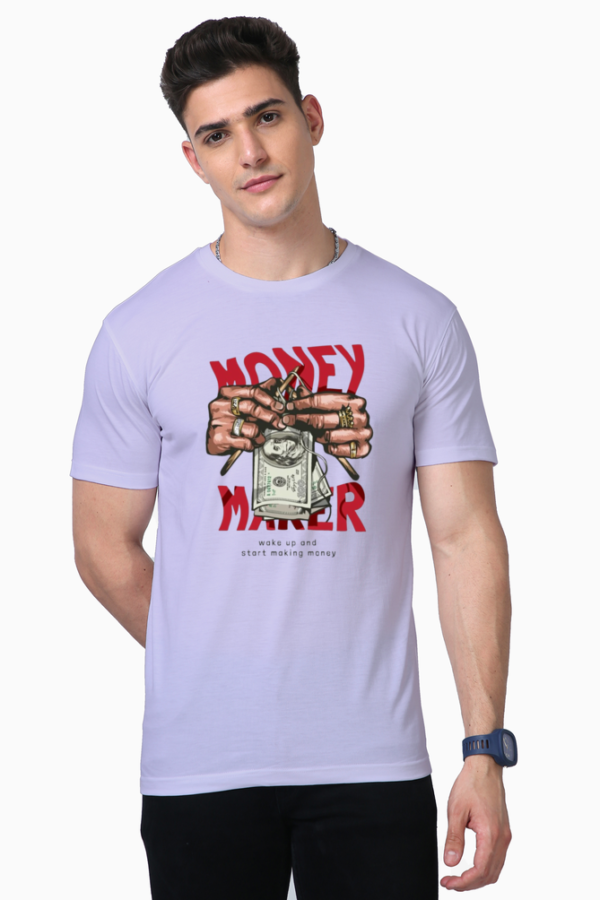 “Money Maker motivational printed t-shirt – dollar design with bold red text and premium fit”