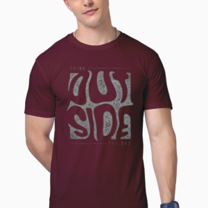 “Maroon t-shirt with Think Outside the Box typographic design – abstract optical print for creative minds”