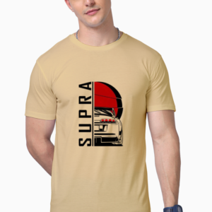 "Beige t-shirt for car lovers featuring a Toyota Supra rear-view graphic with red sun – premium cotton tee"