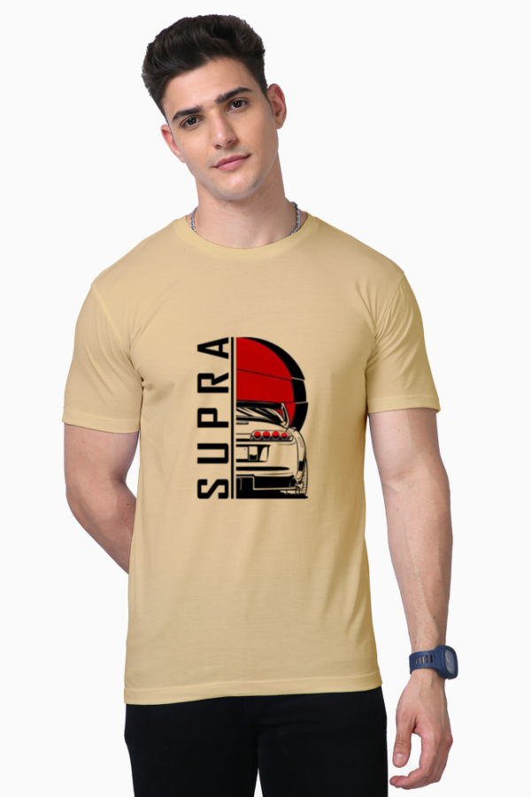 "Beige t-shirt for car lovers featuring a Toyota Supra rear-view graphic with red sun – premium cotton tee"