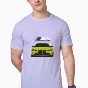 "BMW M4 printed t-shirt with bold yellow car front graphic and motorsport stripes – premium cotton tee"