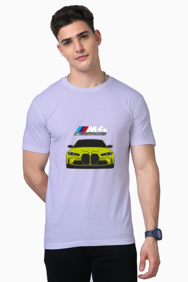"BMW M4 printed t-shirt with bold yellow car front graphic and motorsport stripes – premium cotton tee"
